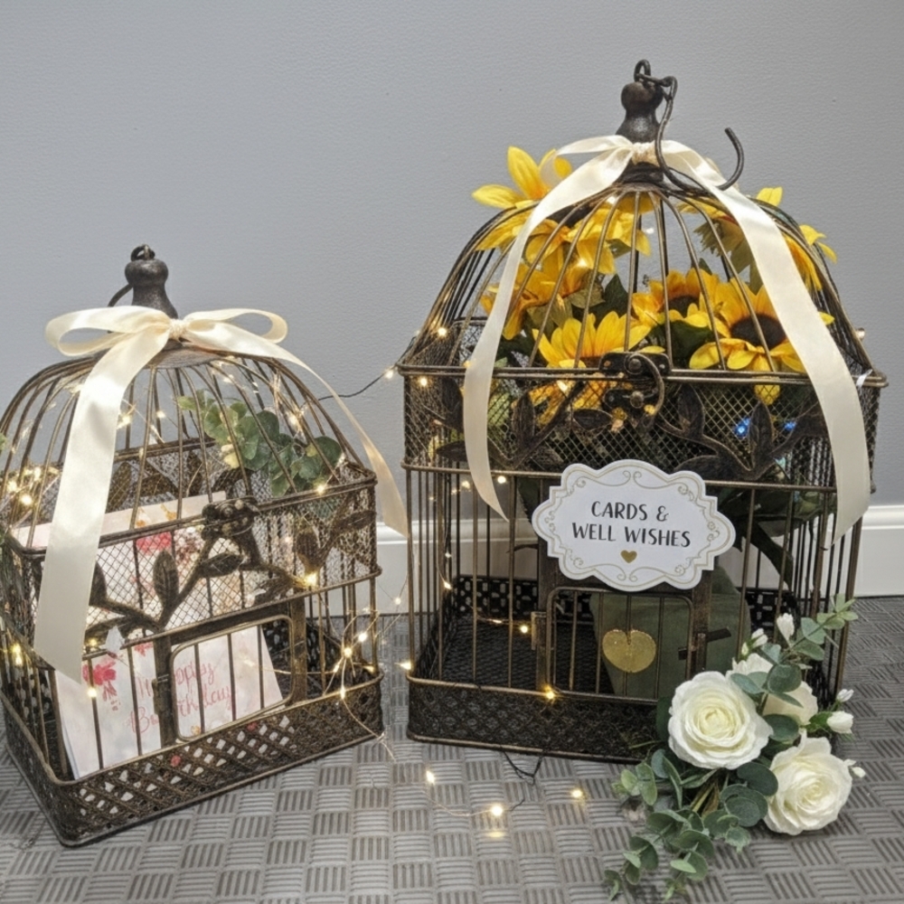 Decorative Birdcage Set with Lights and Flowers